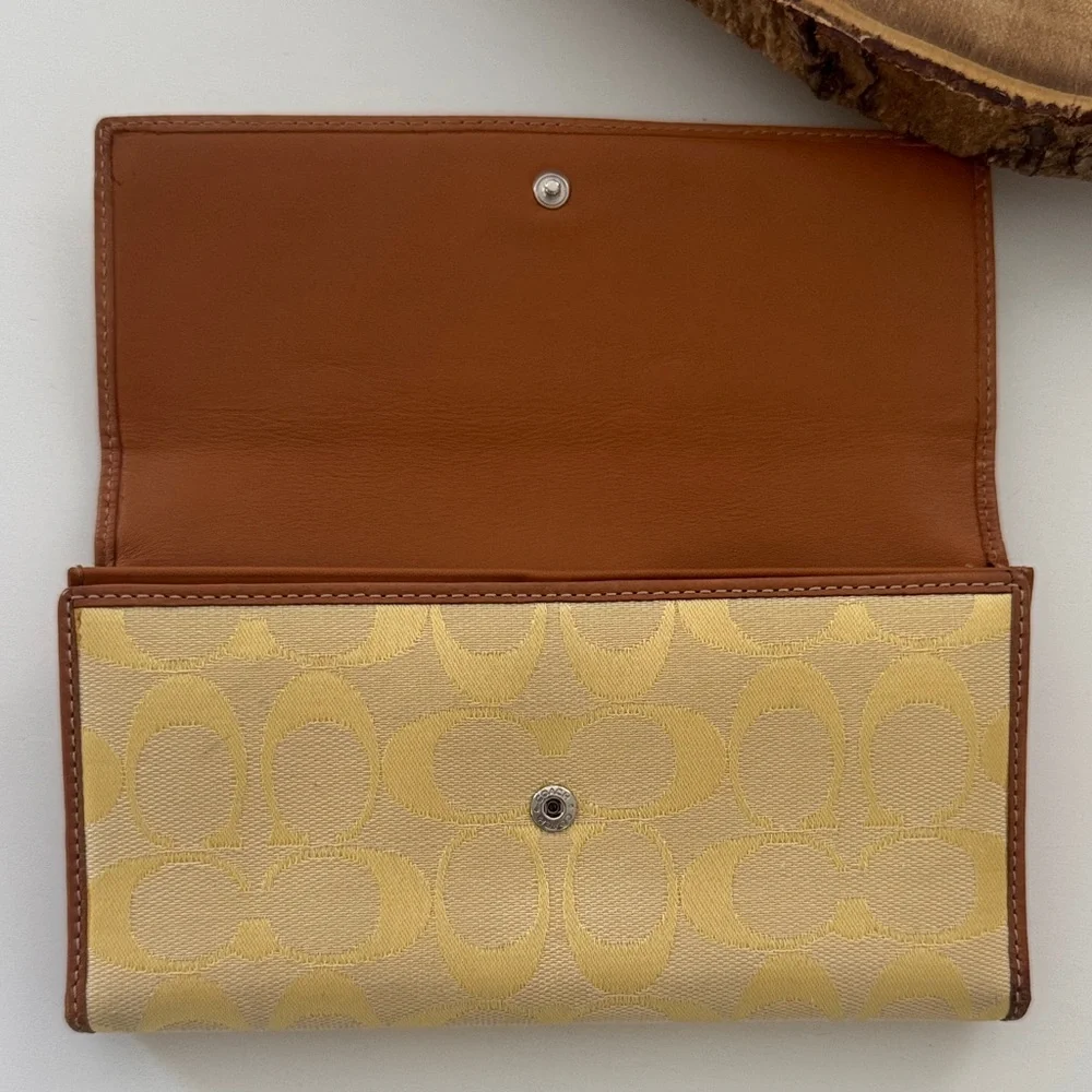 Coach Pale Yellow/Gold and Brown Logo Fabric & Leather Women's Wallet - Picture 2 of 16